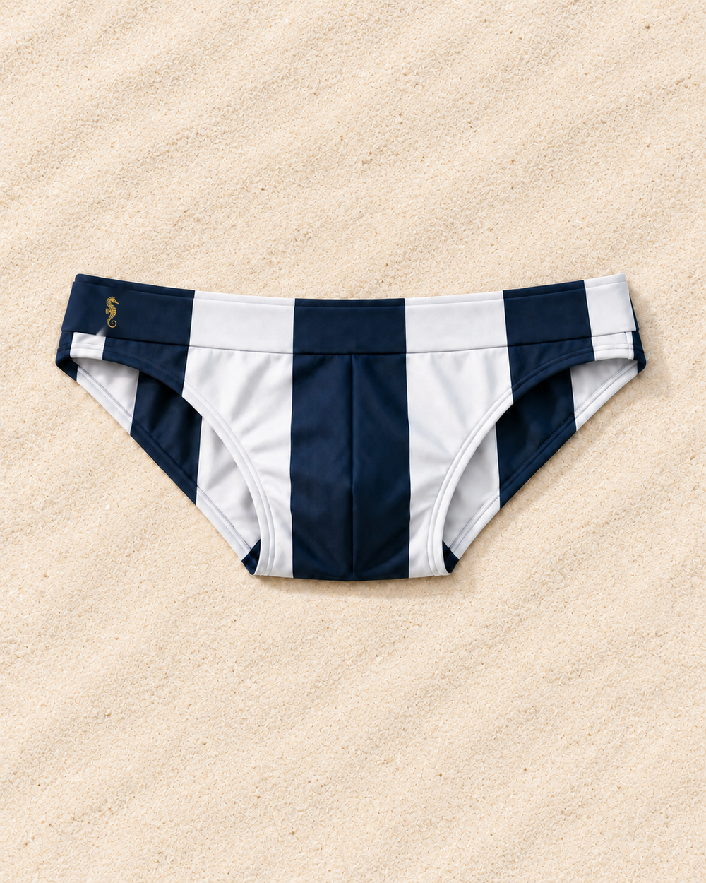 the lorenzo portofino front — pale ivory sand, original right-facing gold seahorse embroidery